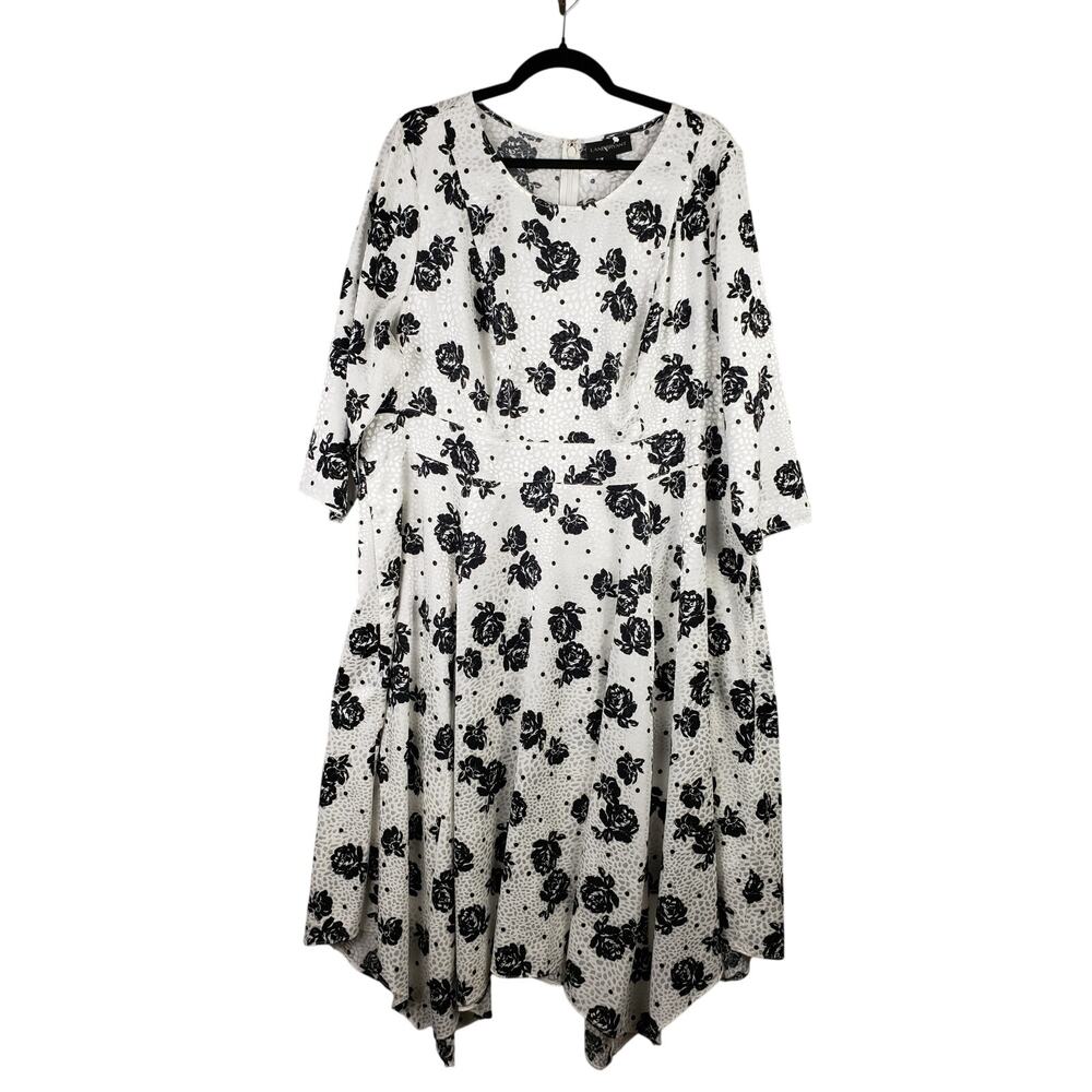 Lane Bryant Plus Size 18 Asymmetrical Hem Midi Dress White‎ Dot Black Rose Flowy